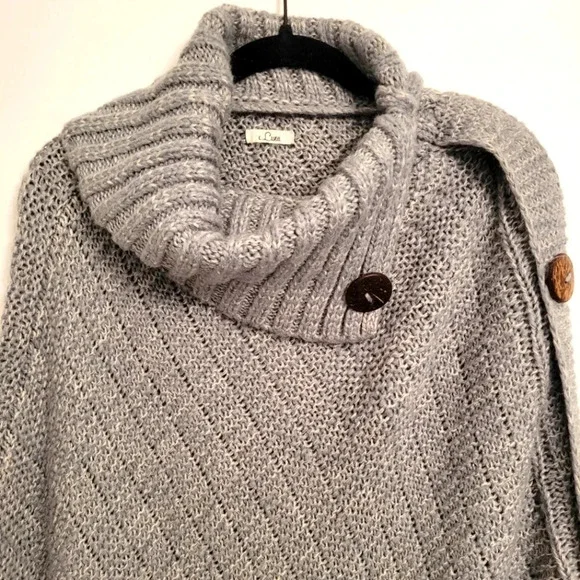 e LUNA gray knit split turtleneck pullover poncho sweater Women's OS warm cozy - Picture 3 of 7